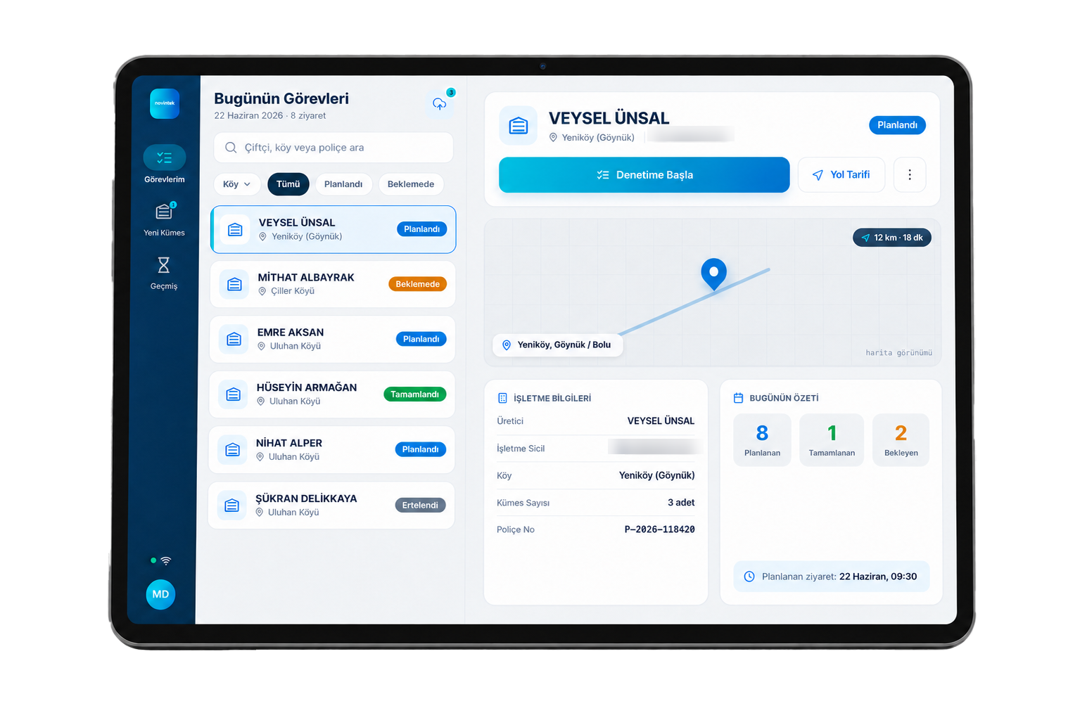 Novintek tablet uygulamasında saha görevleri ve kontrol detayları