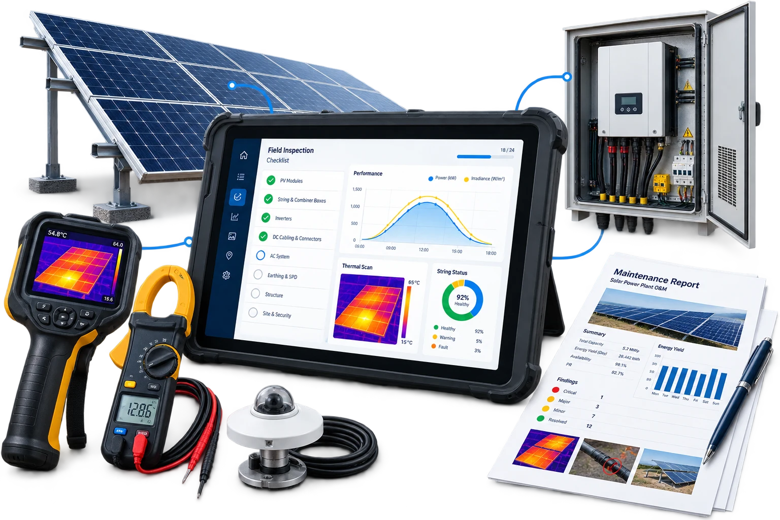 GES paneli, inverter, termal kamera, ölçüm cihazları, tablet kontrol formu ve bakım raporunu birlikte gösteren dijital iş akışı