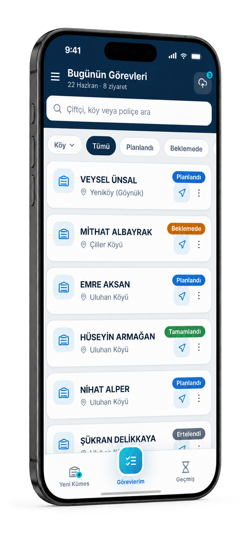 Novintek mobil uygulamasında bugünün saha görevleri listesi