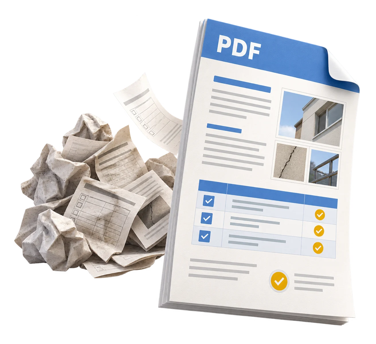 Dağınık kâğıt bakım formlarının düzenli bir PDF servis raporuna dönüşümünü anlatan görselleştirme